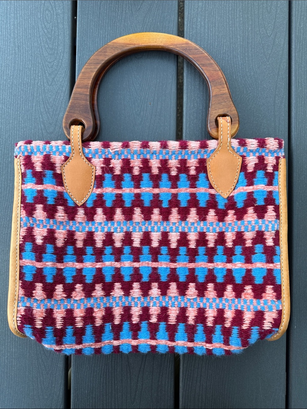 Woven Pattern Handbag with Wood Handles - Burgundy & Turquoise